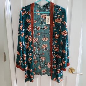 Forever 21 Kimono Cardigan LARGE Teal Floral Velvet Trim Fairy Grunge Bohemian